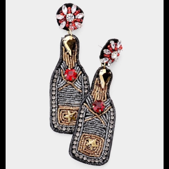 Champagne bottle earrings w/ hematite & red jewels - Picture 1 of 1